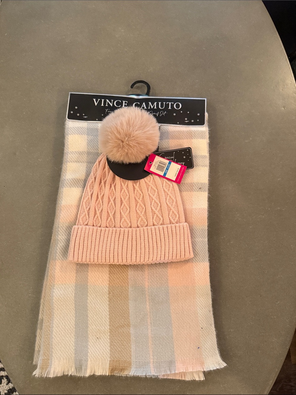 Vince Camuto Blush Pink Cable Knit Pom Beanie with Striped Scarf